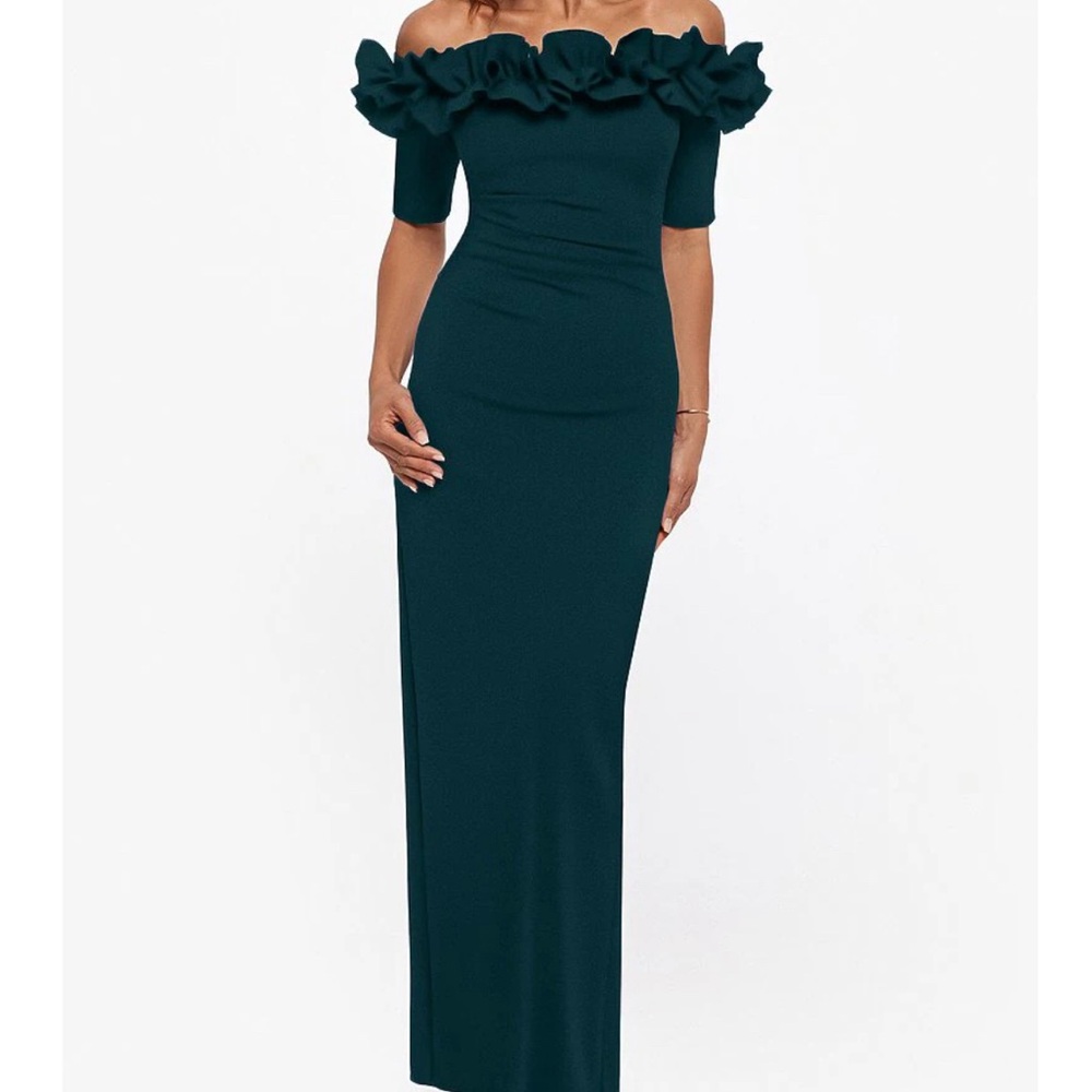 Xscape Ruffled Off-the-Shoulder Short Sleeve Gown 12P NWT Pine green